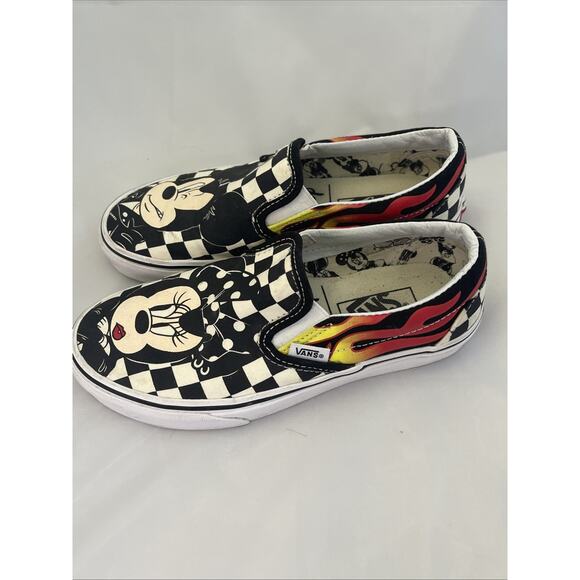Disney Vans Slip-On Mickey Minnie Checkerboard Flame Skate Shoes Size 4 M/ 5.5 W - Picture 2 of 6